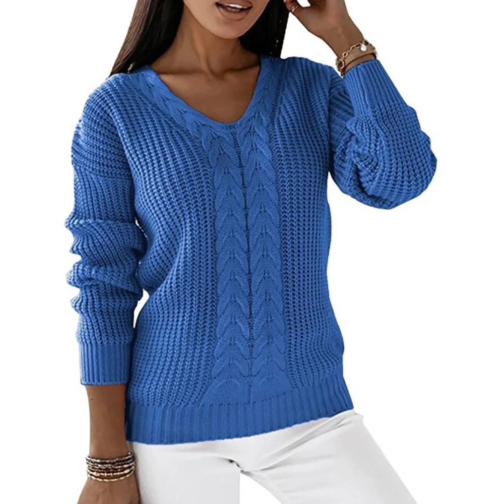 Women V Neck Sweater Long Sleeve Loose Fitting Pure Color Casual Cable Knit Pullover Blue S