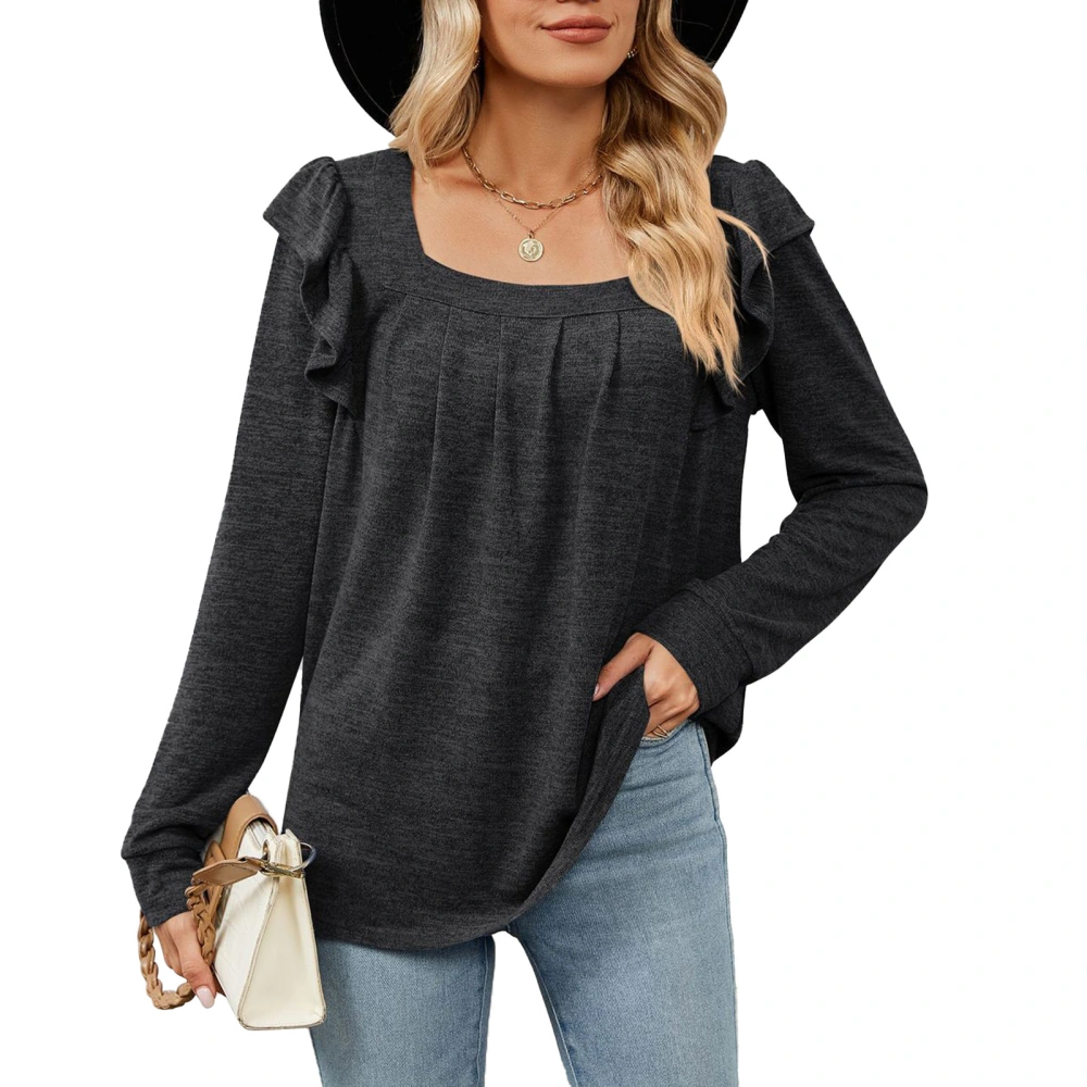 Women Long Sleeved Top Ruffle Hem Breathable Skin Friendly Long Sleeve Blouse For Traveling Outdoor Black XL