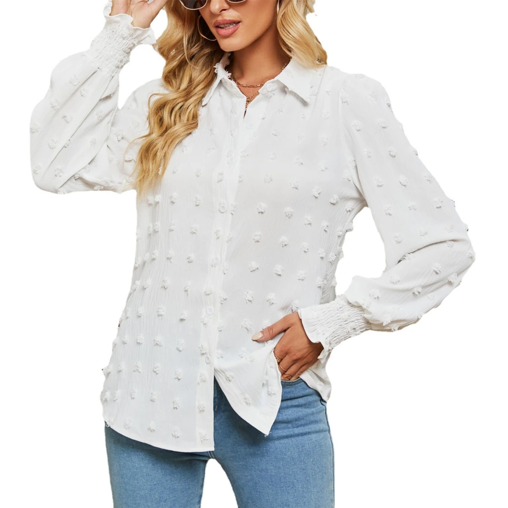 Women Shirt Turn Down Collar Jacquard Shirred Cuffs Plain Casual Loose Women Blouse Top for Home Work Daily White M