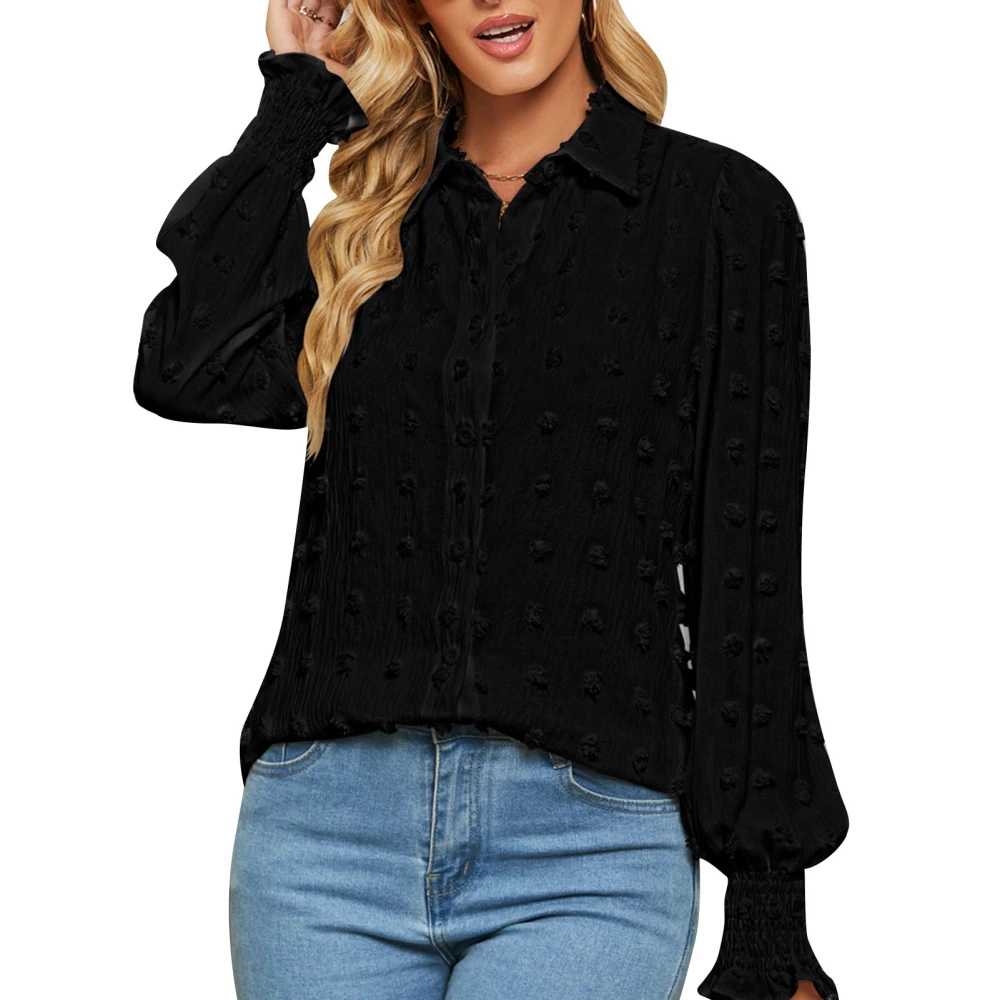 Women Shirt Turn Down Collar Jacquard Shirred Cuffs Plain Casual Loose Women Blouse Top for Home Work Daily Black L