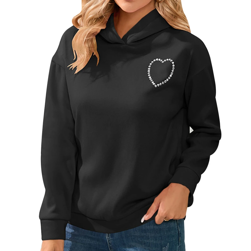 Woman Hoodie Long Sleeves Heart Back Cut Out Rhinestone Decor Pullover Sweatshirt for Home Travel Black M