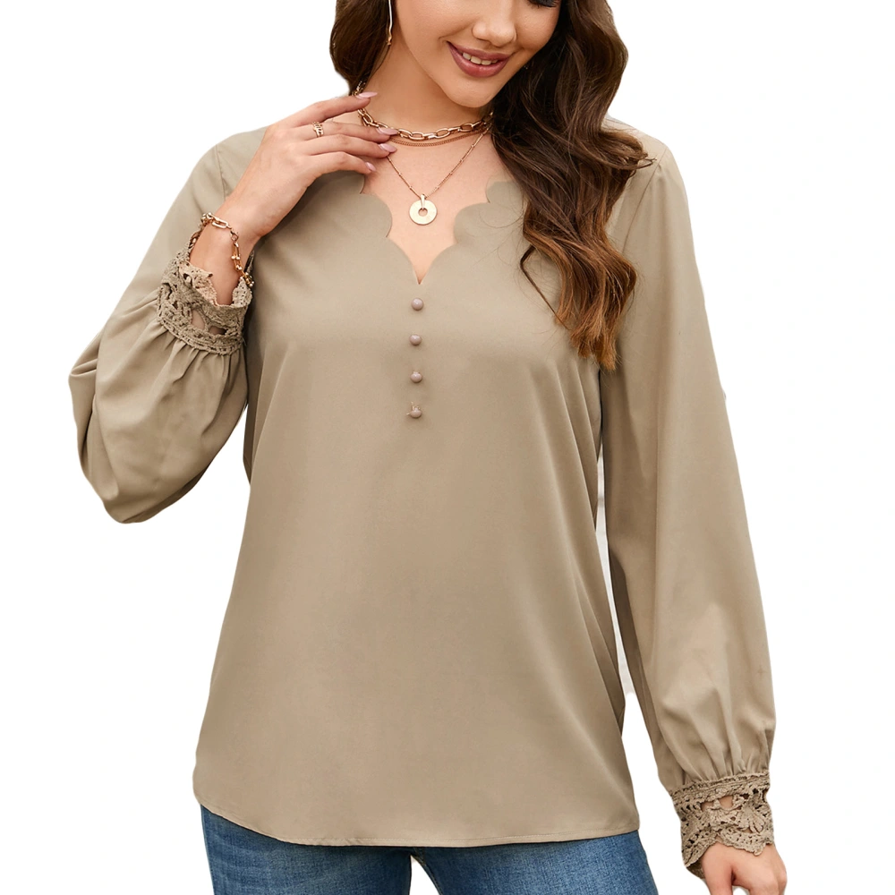 Women V Neck Tops Pure Color Casual Loose Long Sleeve Shirt with Lace Cuffs for Work Office Khaki S