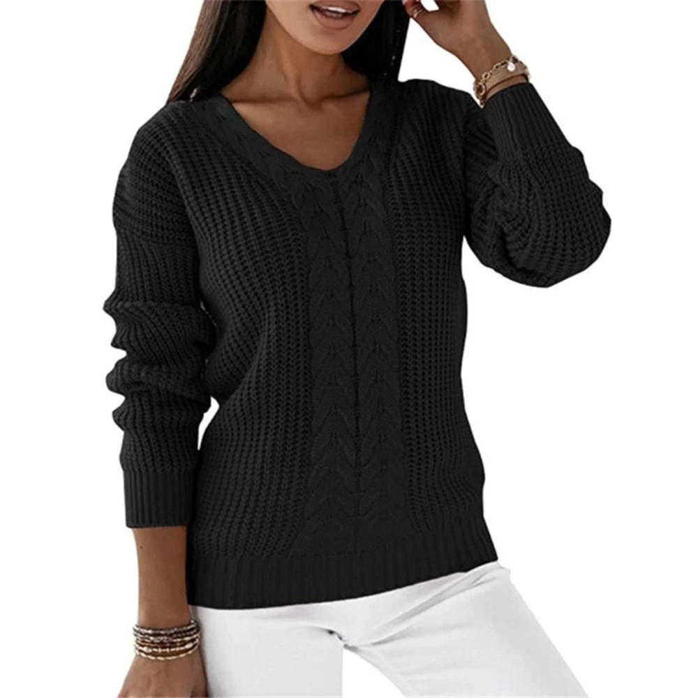 Women V Neck Sweater Long Sleeve Loose Fitting Pure Color Casual Cable Knit Pullover Black 2XL