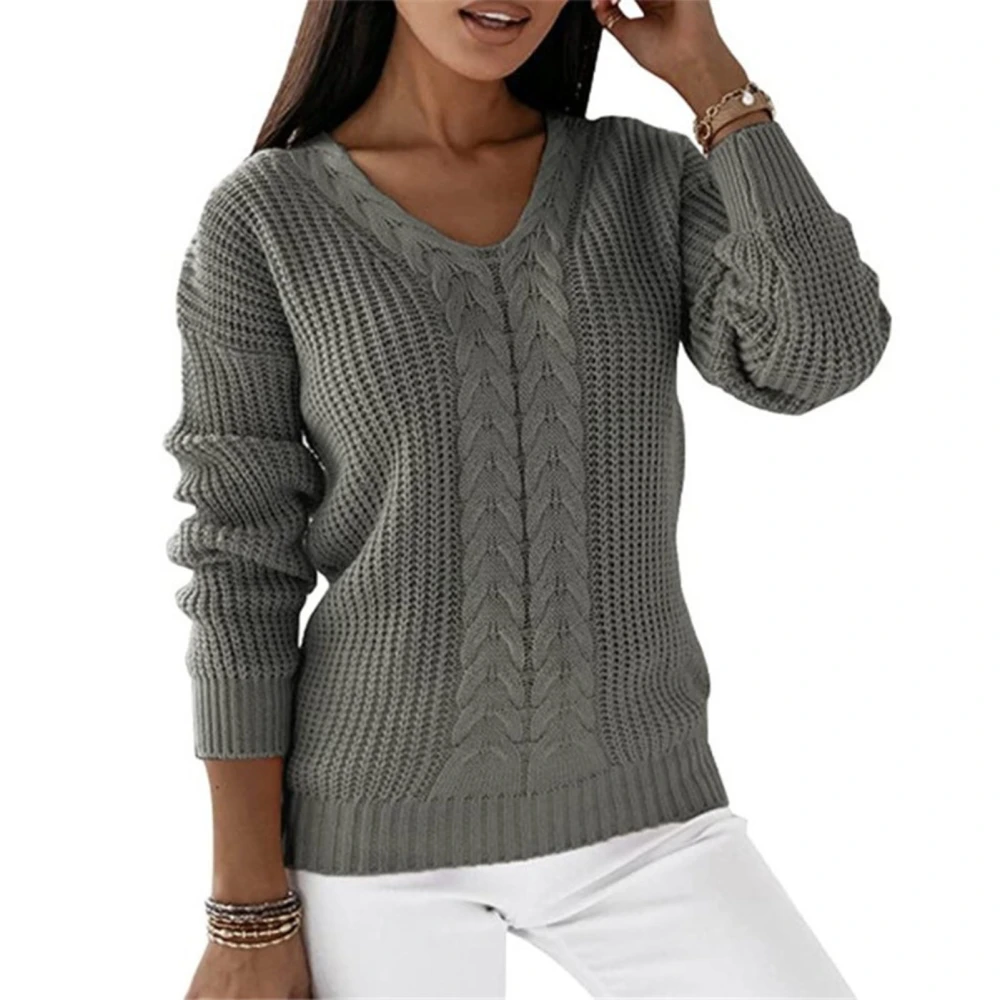 Women V Neck Sweater Long Sleeve Loose Fitting Pure Color Casual Cable Knit Pullover Grey S