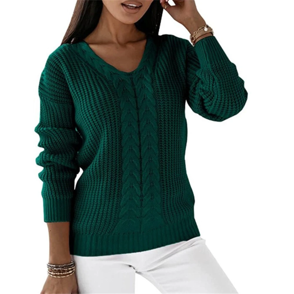 Women V Neck Sweater Long Sleeve Loose Fitting Pure Color Casual Cable Knit Pullover Green L