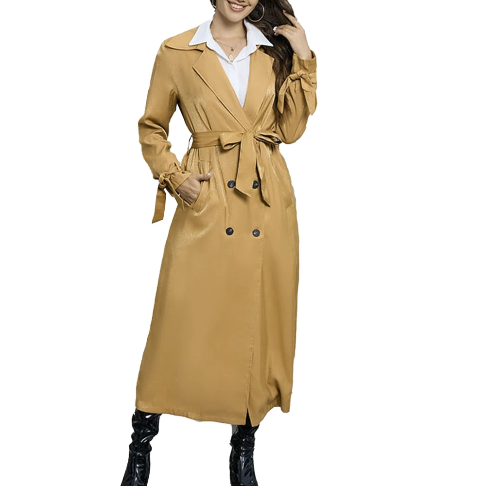 Women Long Trenchcoat Double Breasted Belted Overcoat Turn Down Collor Waist Slimming Cuff Decoration Pockets Long Sleeve Coat Yellow L