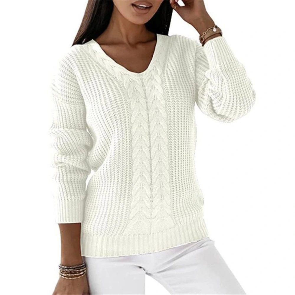 Women V Neck Sweater Long Sleeve Loose Fitting Pure Color Casual Cable Knit Pullover White XL