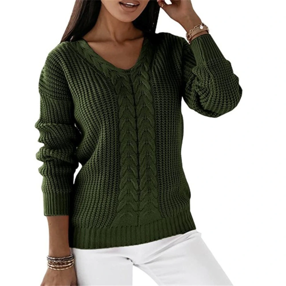 Women V Neck Sweater Long Sleeve Loose Fitting Pure Color Casual Cable Knit Pullover OD Green M