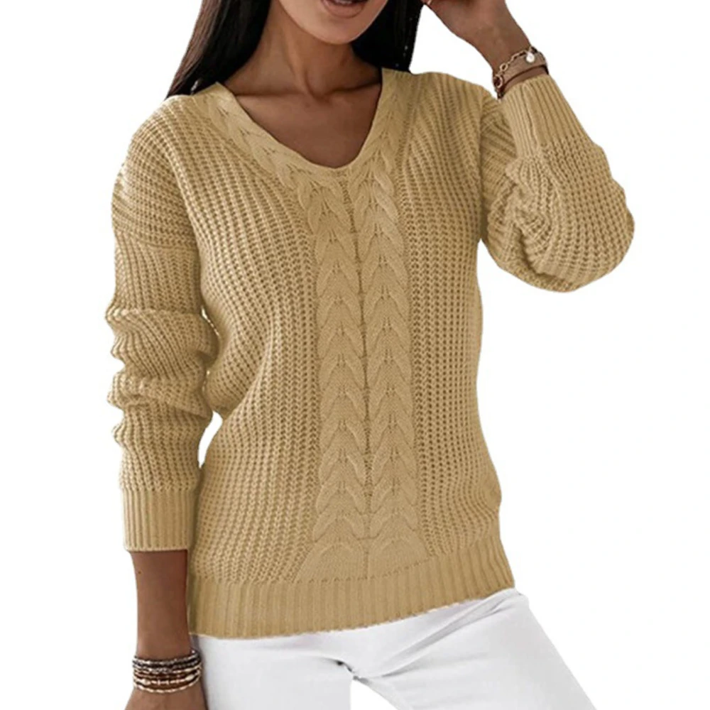 Women V Neck Sweater Long Sleeve Loose Fitting Pure Color Casual Cable Knit Pullover Apricot L