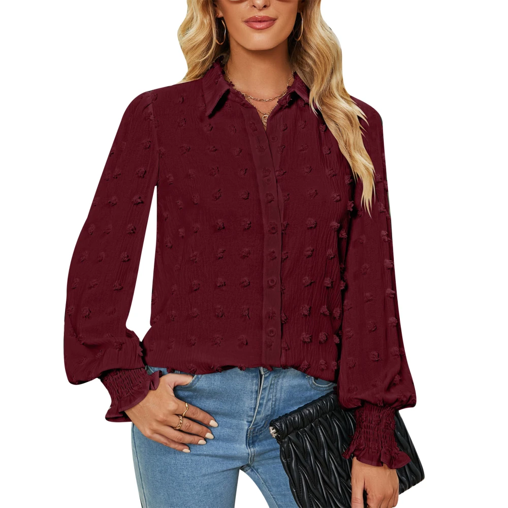 Women Shirt Turn Down Collar Jacquard Shirred Cuffs Plain Casual Loose Women Blouse Top for Home Work Daily Wine Red XL