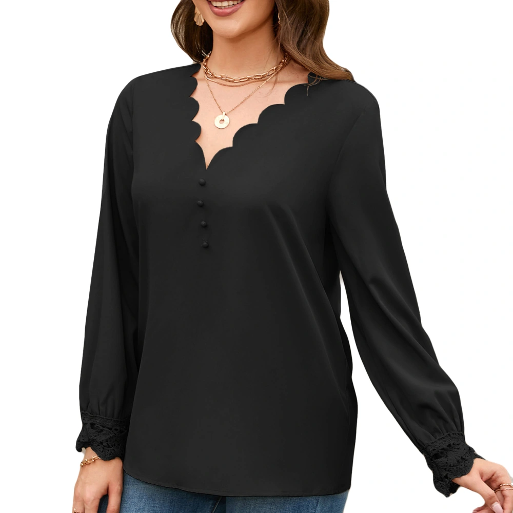 Women V Neck Tops Pure Color Casual Loose Long Sleeve Shirt with Lace Cuffs for Work Office Black XL