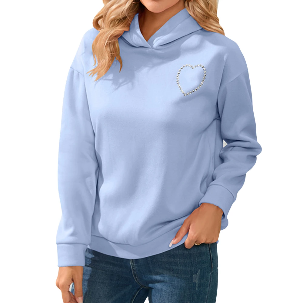 Woman Hoodie Long Sleeves Heart Back Cut Out Rhinestone Decor Pullover Sweatshirt for Home Travel Blue XXL