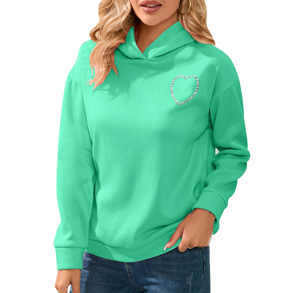 Woman Hoodie Long Sleeves Heart Back Cut Out Rhinestone Decor Pullover Sweatshirt for Home Travel Green S