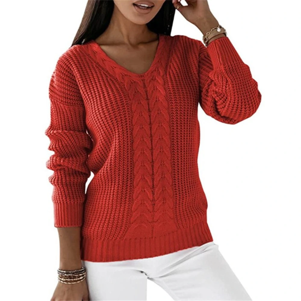 Women V Neck Sweater Long Sleeve Loose Fitting Pure Color Casual Cable Knit Pullover Red S