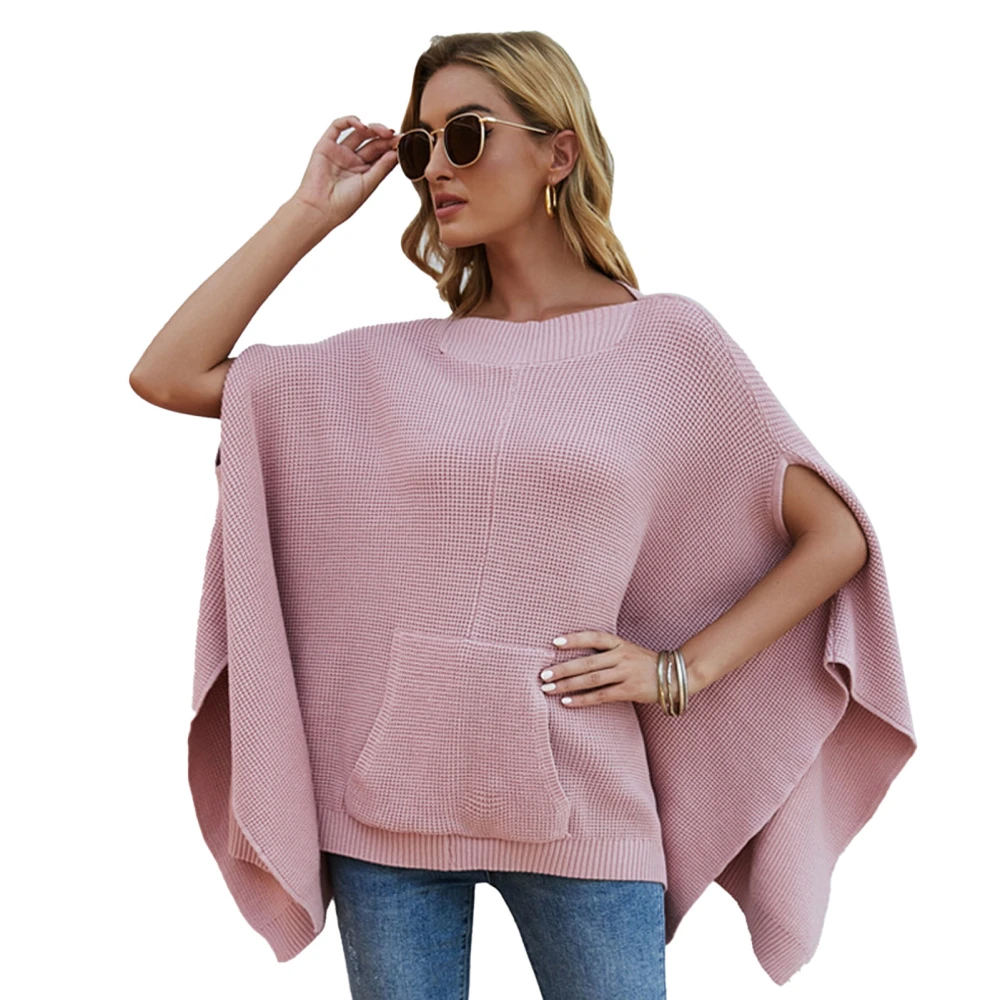 Knitted Cape Sweater Plain Color Round Neck Casual Fitted Knitted Shawl Pullover Sweater Pink S‑M