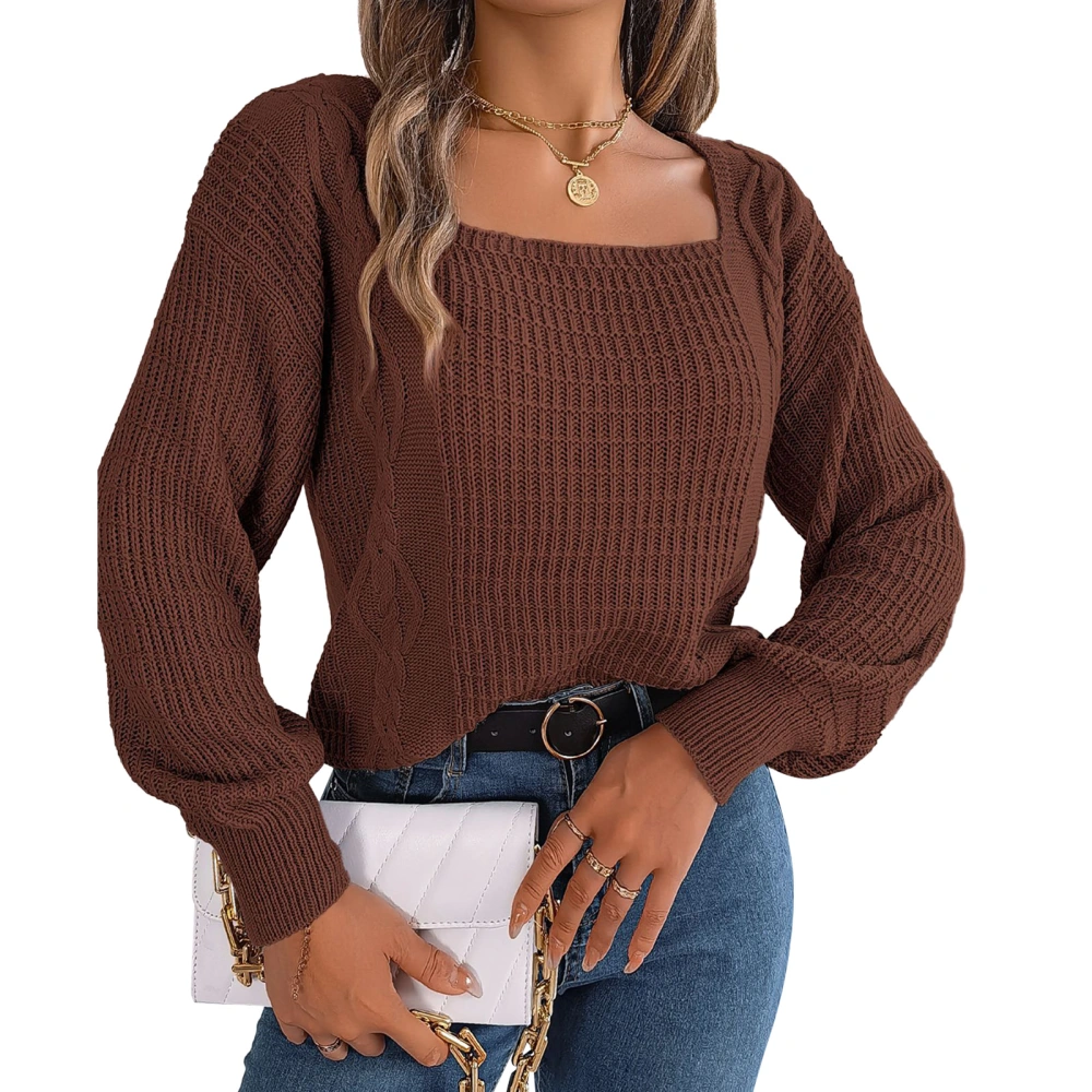 Knitted Sweater Square Neck Long Lantern Sleeves Women Twist Knit Casual Solid Color Coffee M