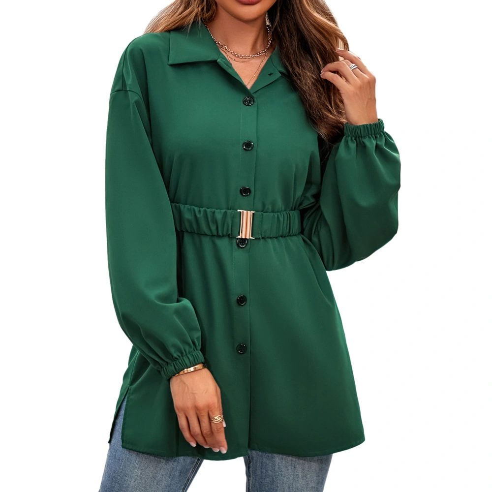 Women Blouses Pure Color Single Breasted Long Sleeves Turndown Collar Work Business Blouse Dark Green XL