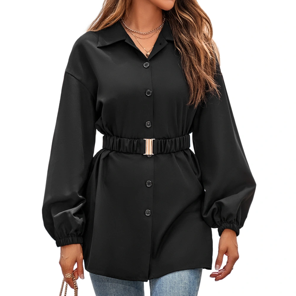 Women Blouses Pure Color Single Breasted Long Sleeves Turndown Collar Work Business Blouse Black S