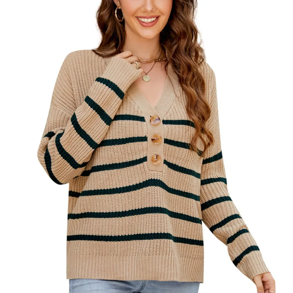 Long Sleeve V Neck Knit Top Shirt Women Loose Casual Retro Elegant Button Striped Pullover Sweater Brown M