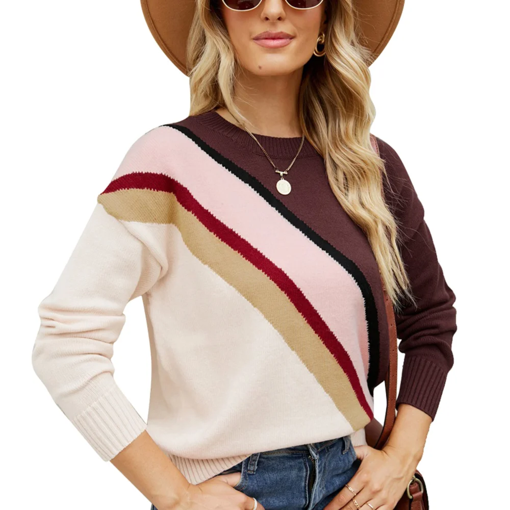 Women Sweater Long Sleeve Colorblock Round Neck Warm Stretchy Loose Fit Pullover Knitwear for Home Casual Dating Wine Red L