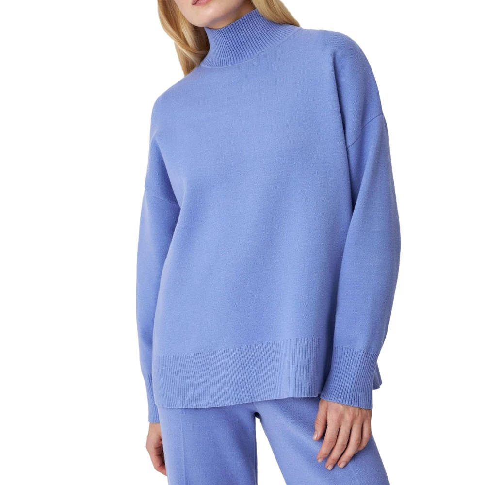 Women Knit Sweater Solid Color Fashion Style Loose High Neck Long Sleeve Pullover Jumper Blue Gray L