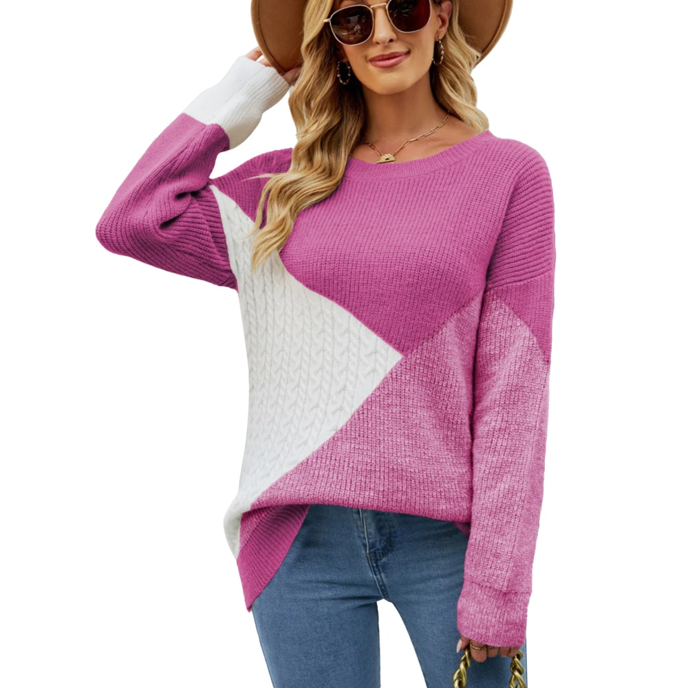 Women Knit Sweater Round Neck Color Blocking Casual Loose Pullover Long Sleeve Sweater for Party Travel Rose Red S