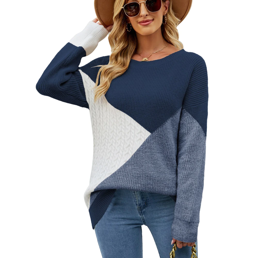 Women Knit Sweater Round Neck Color Blocking Casual Loose Pullover Long Sleeve Sweater for Party Travel Blue M