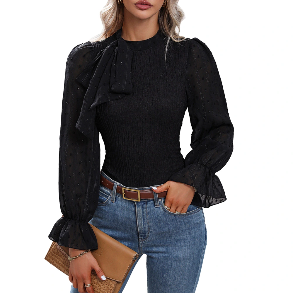 Women Blouse Round Neck Long Sleeve Jacquard Elegant Women Top for Dinner Business Office Black L