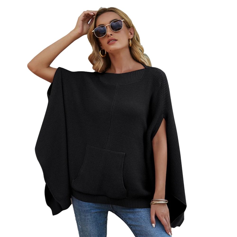 Knitted Cape Sweater Plain Color Round Neck Casual Fitted Knitted Shawl Pullover Sweater Black S‑M