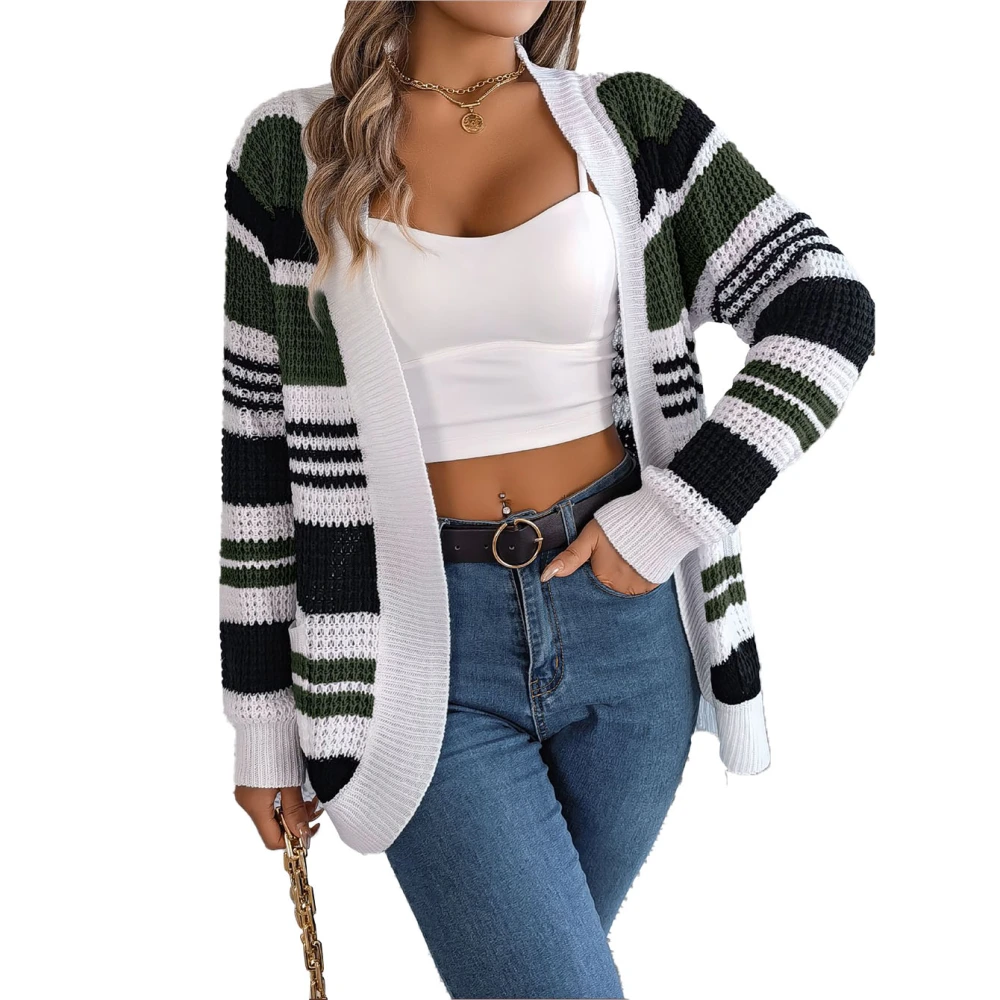 Woman Long Sleeve Knit Sweater Coat Loose Fit Striped Colorblock Outwear Sweater with Side Pockets for Autumn Winter Green L