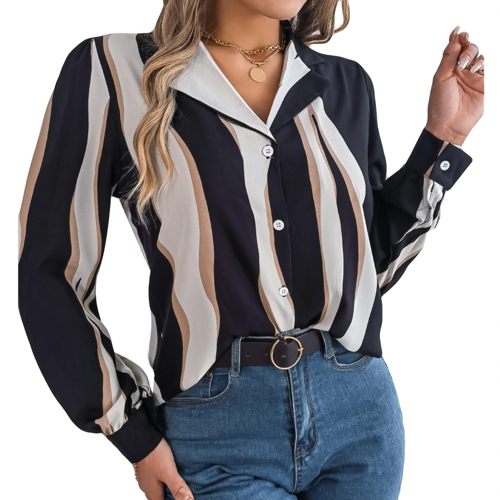 Women Casual Shirt Long Sleeve Button Down Blouse Contrast Color Stripe Top for Autumn and Winter Black S