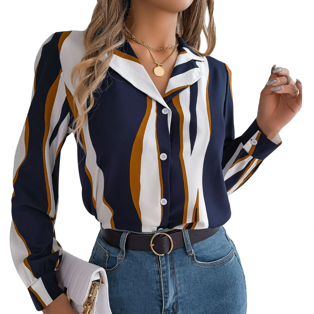 Women Casual Shirt Long Sleeve Button Down Blouse Contrast Color Stripe Top for Autumn and Winter Dark Blue S