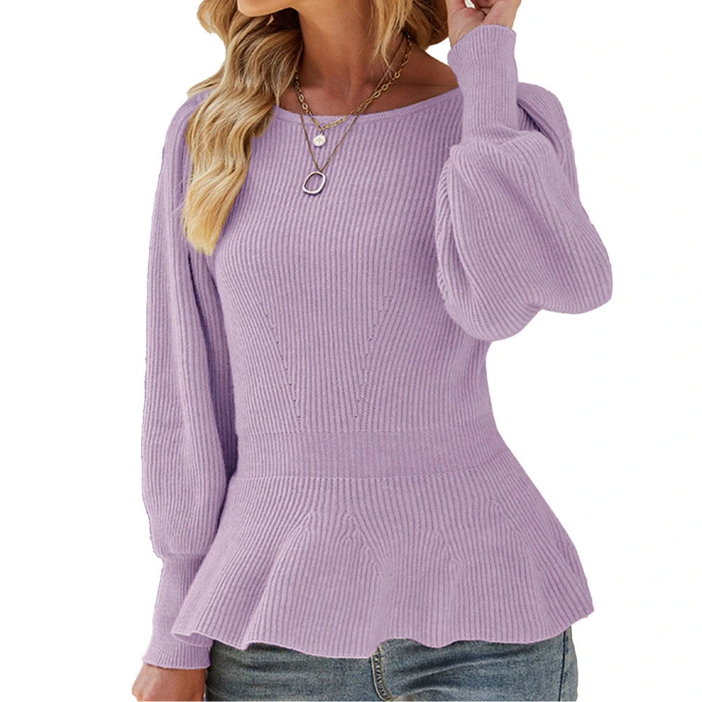 Long Puff Sleeve Waist Gathered Knit Top Shirt Women Plain Color Crewneck Ruffle Hem Pullover Sweater Purple XL