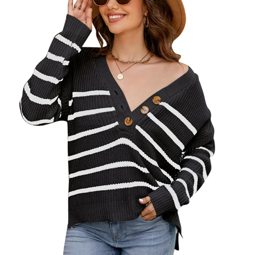 Long Sleeve V Neck Knit Top Shirt Women Loose Casual Retro Elegant Button Striped Pullover Sweater Black XL