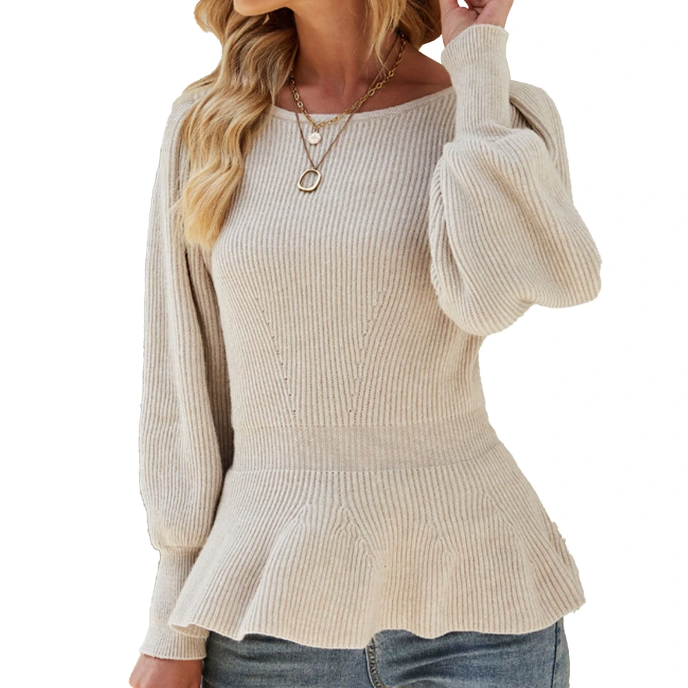 Long Puff Sleeve Waist Gathered Knit Top Shirt Women Plain Color Crewneck Ruffle Hem Pullover Sweater Beige S