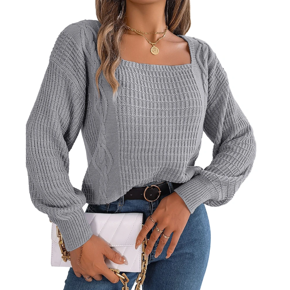 Knitted Sweater Square Neck Long Lantern Sleeves Women Twist Knit Casual Solid Color Gray S