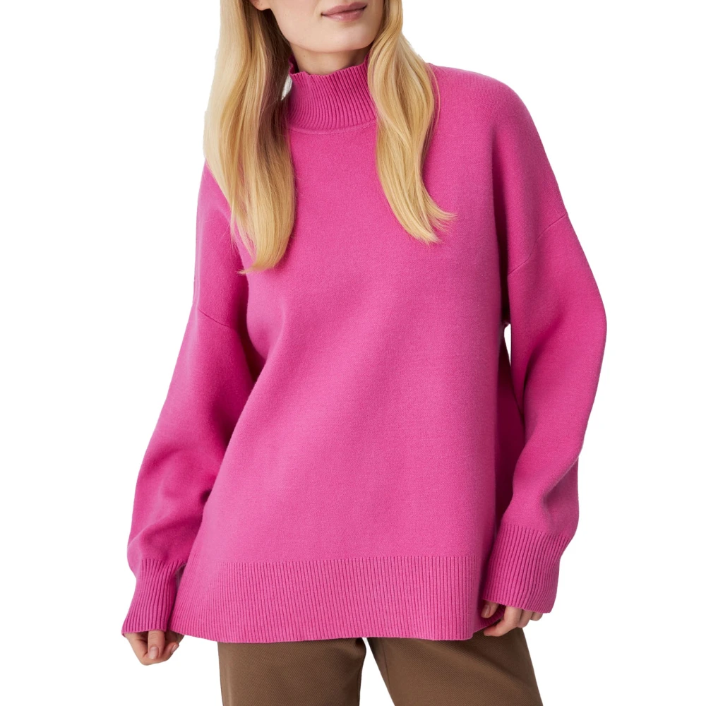 Women Knit Sweater Solid Color Fashion Style Loose High Neck Long Sleeve Pullover Jumper Rose Red S