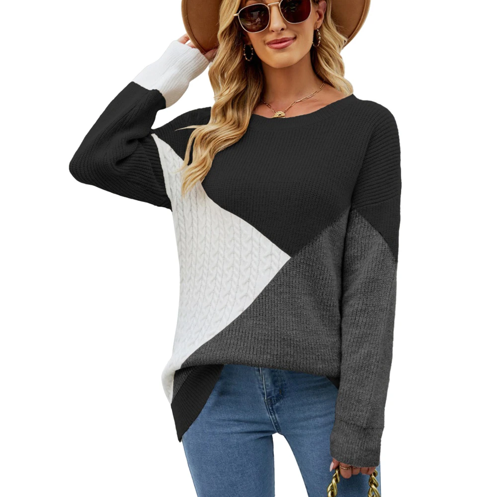 Women Knit Sweater Round Neck Color Blocking Casual Loose Pullover Long Sleeve Sweater for Party Travel Black L