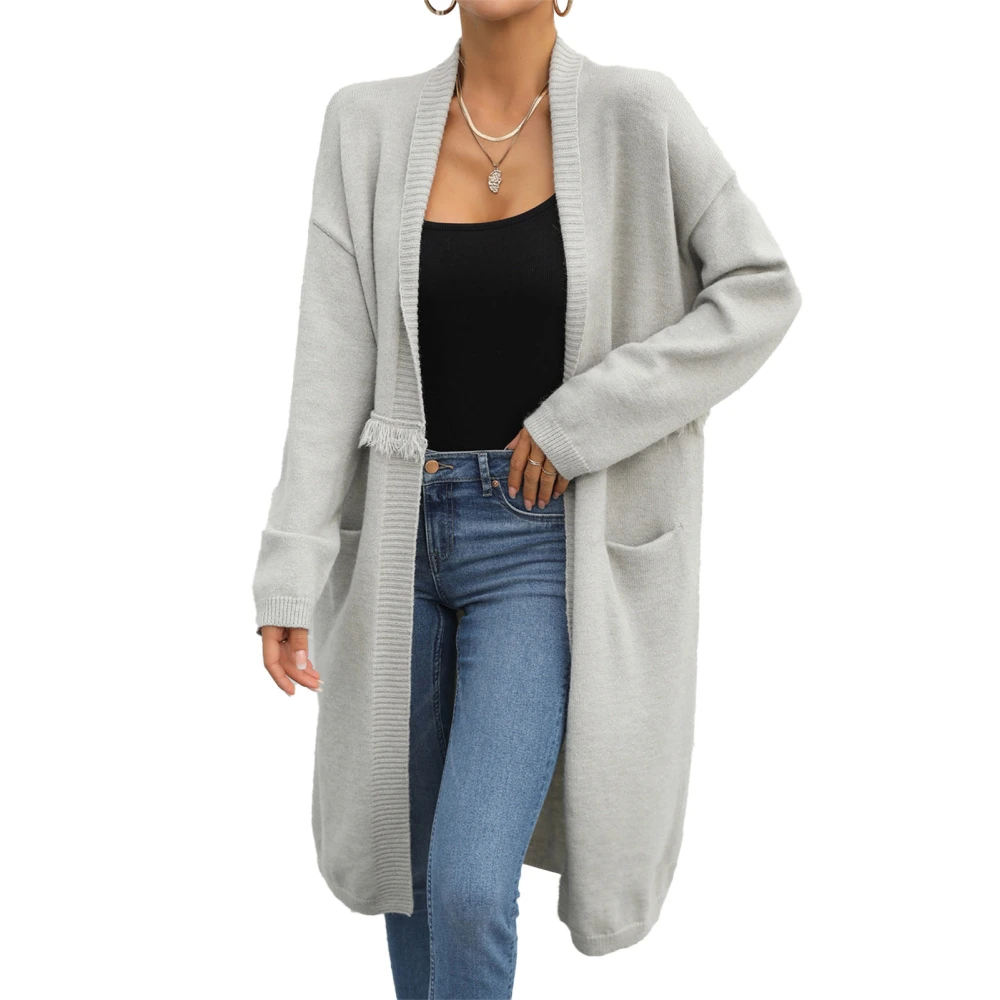 Women Open Front Sweater Relaxed Fit Long Sleeve Tassels Plain Color Knitted Outerwear with Pockets Grey M