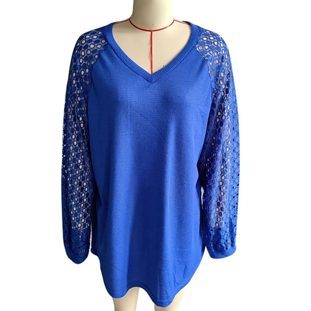 Plus Size Lace V Neck Long Sleeve Shirt Casual Loose Waffle Knit Blouse Lace Arms Pure Color Top Blue 3XL