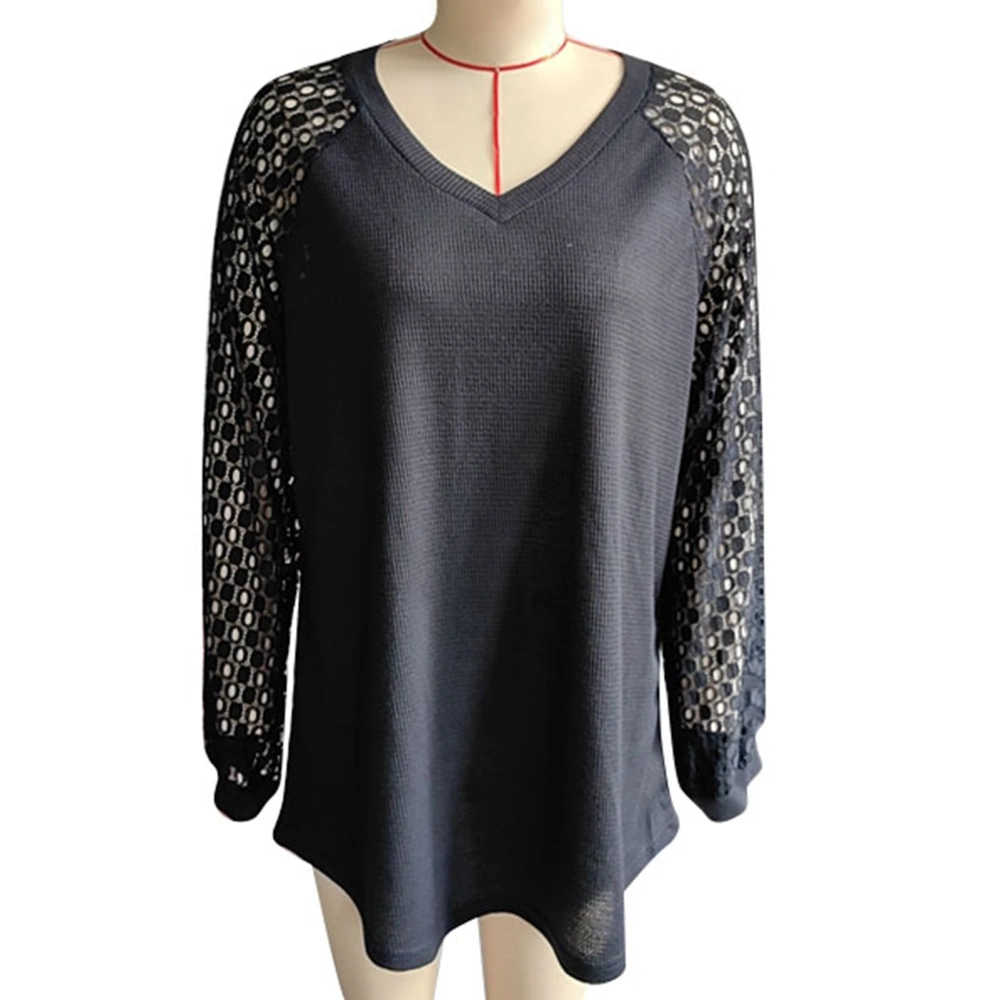 Plus Size Lace V Neck Long Sleeve Shirt Casual Loose Waffle Knit Blouse Lace Arms Pure Color Top Black 4XL