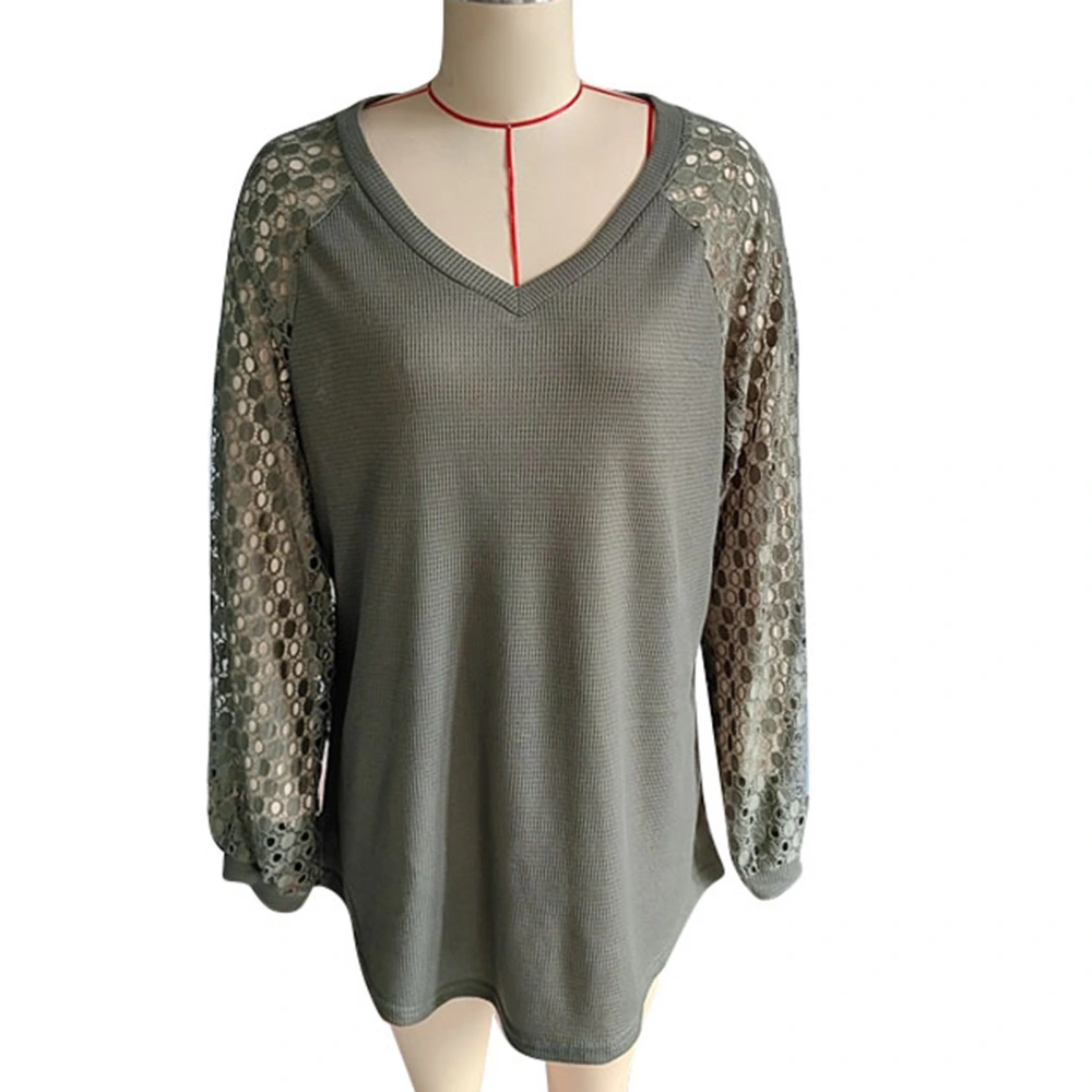 Plus Size Lace V Neck Long Sleeve Shirt Casual Loose Waffle Knit Blouse Lace Arms Pure Color Top OD Green 4XL