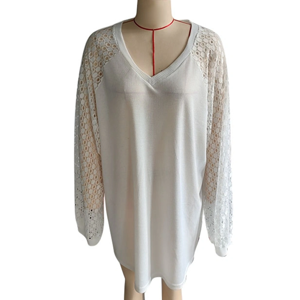 Plus Size Lace V Neck Long Sleeve Shirt Casual Loose Waffle Knit Blouse Lace Arms Pure Color Top White XL