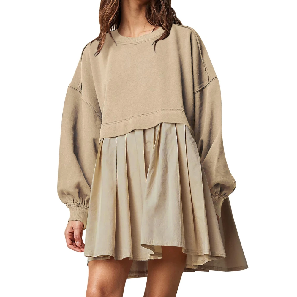 Women Oversized Sweatshirt Dress Long Sleeve Round Neck Loose Fitting Pullover Top Pleated Dress Apricot XS