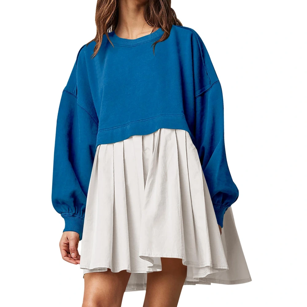 Women Oversized Sweatshirt Dress Long Sleeve Round Neck Loose Fitting Pullover Top Pleated Dress Royal Blue with White XS