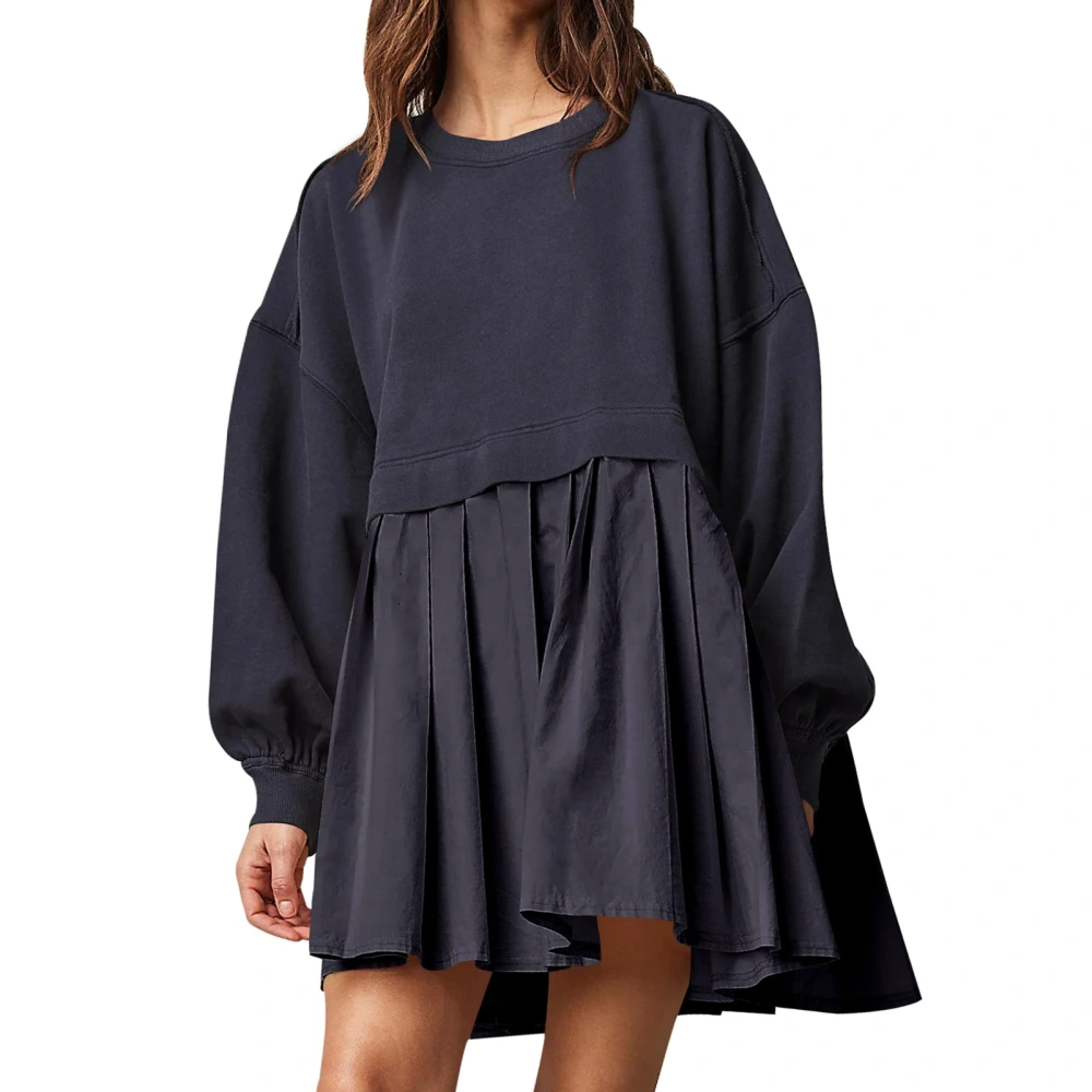 Women Oversized Sweatshirt Dress Long Sleeve Round Neck Loose Fitting Pullover Top Pleated Dress Dark Blue XL