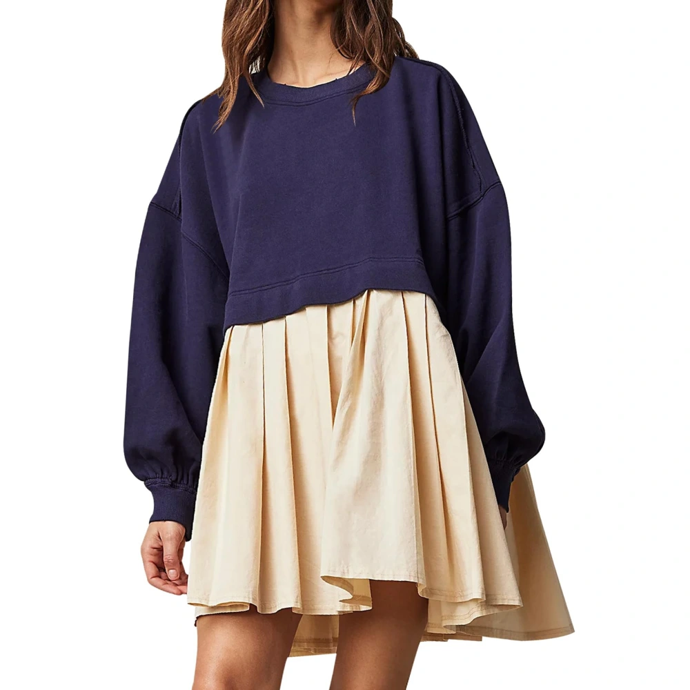 Women Oversized Sweatshirt Dress Long Sleeve Round Neck Loose Fitting Pullover Top Pleated Dress Dark Blue with Apricot S