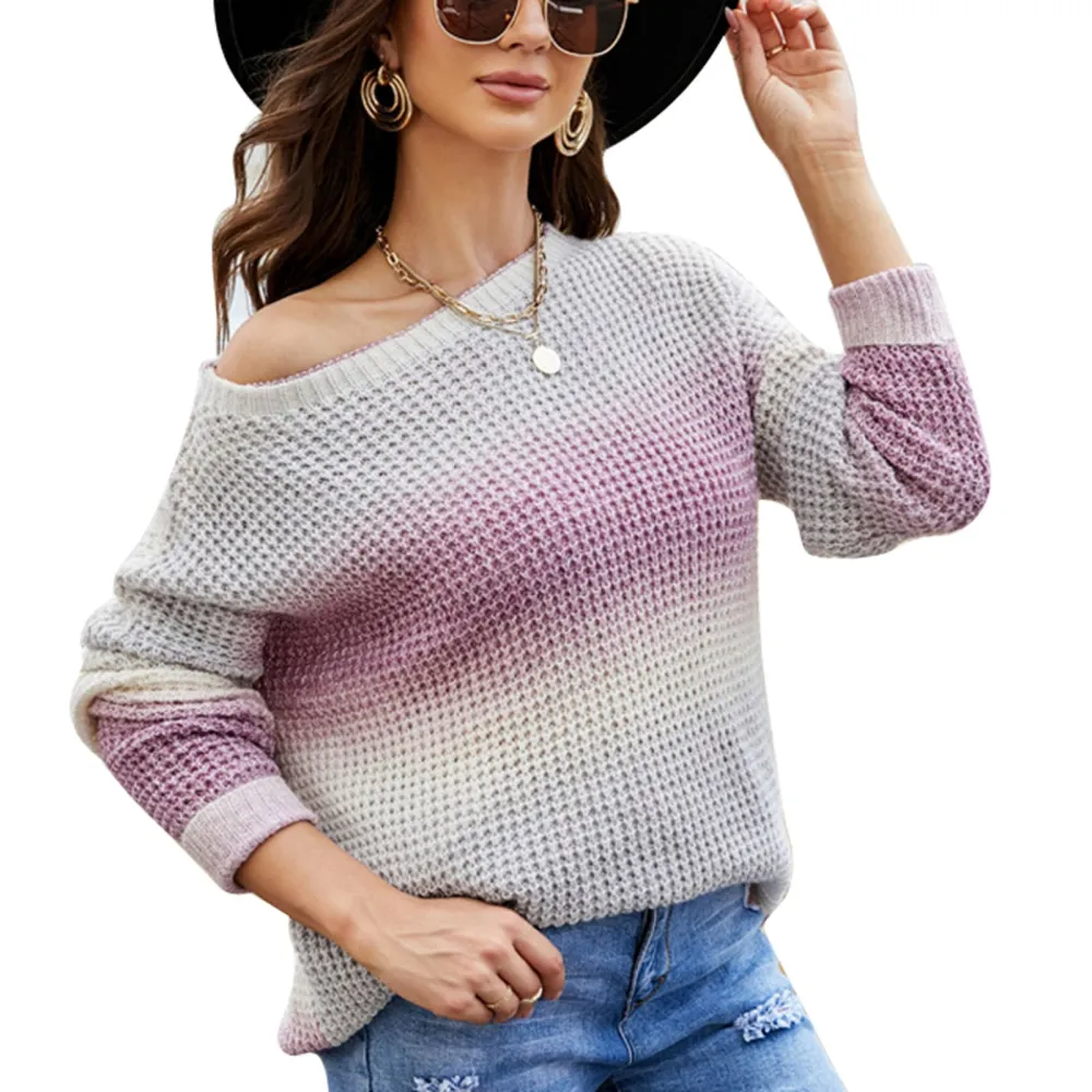 Woman Round Neck Knitted Sweater Long Sleeve Gradient Pullover Knit Fashionable Loose Sweater Purple M