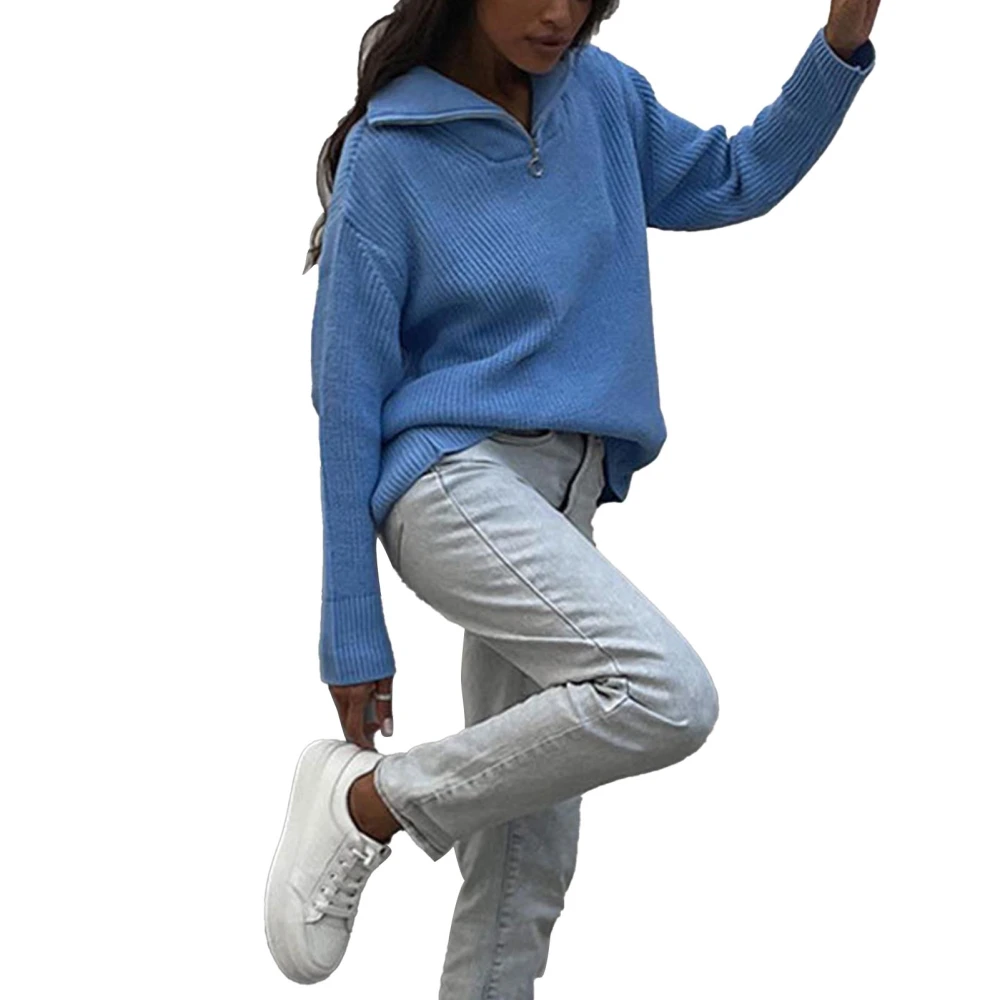 Women Quarter Zipper Sweater V Neck Long Sleeve Casual Half Zipper Pullover Sweatshirt Light Blue M