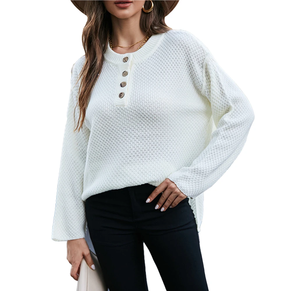 Women Round Collar Sweater Button Trim Long Sleeves Pure Color Casual Knitted Top for Autumn Beige S